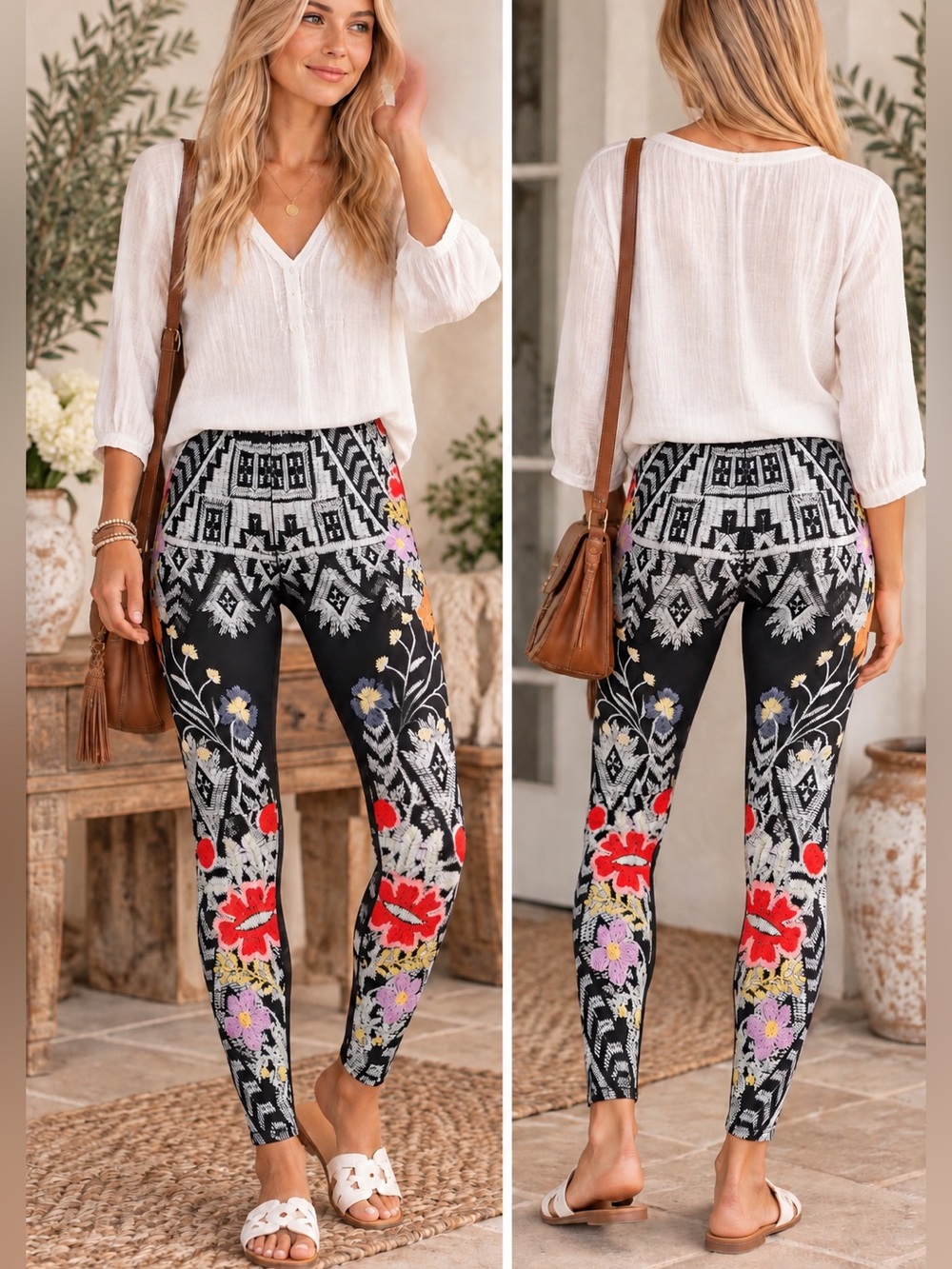 Johnny Was Bytrek Embroidered Leggings Black Floral Boho Size Large NWT